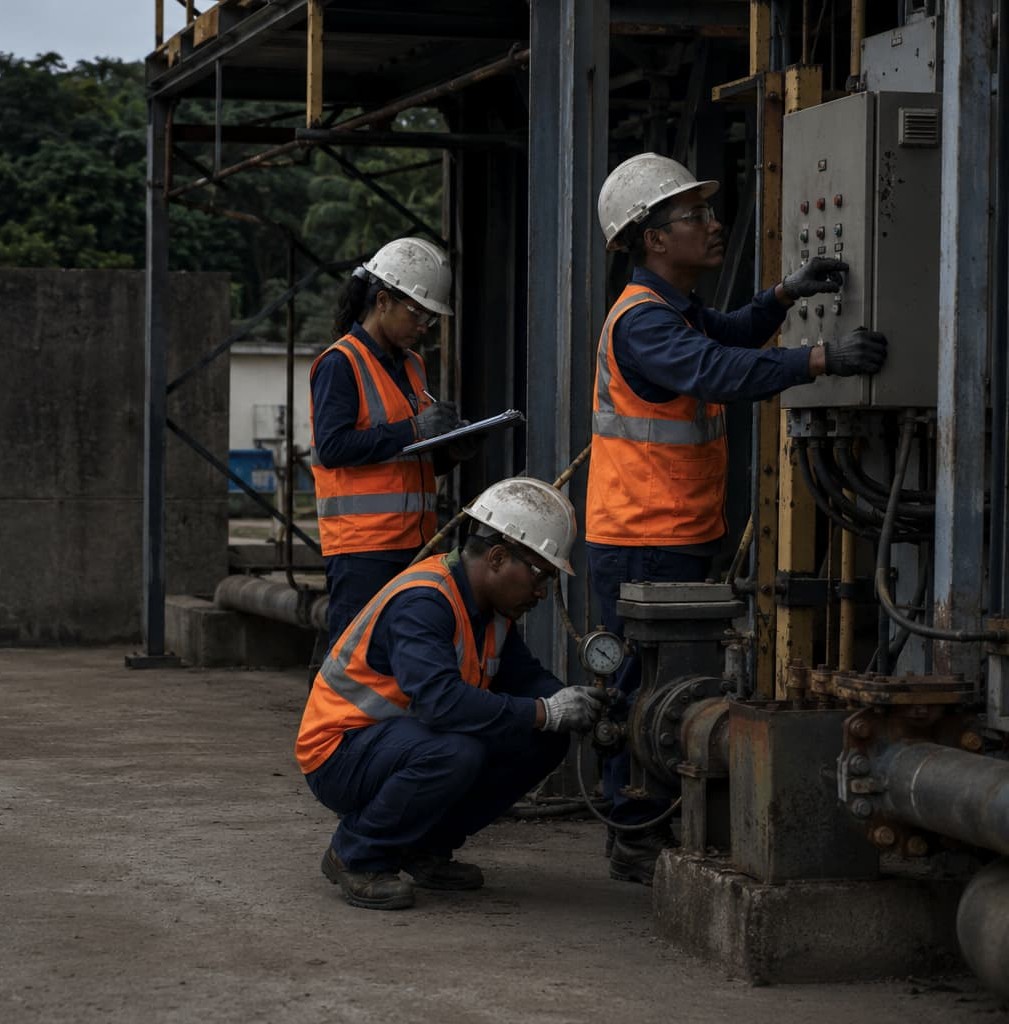 Three VECTOR Advisory workers in hard hats and hi-vis vests inspecting a pressure gauge and control panel at an industrial site in Suriname.
